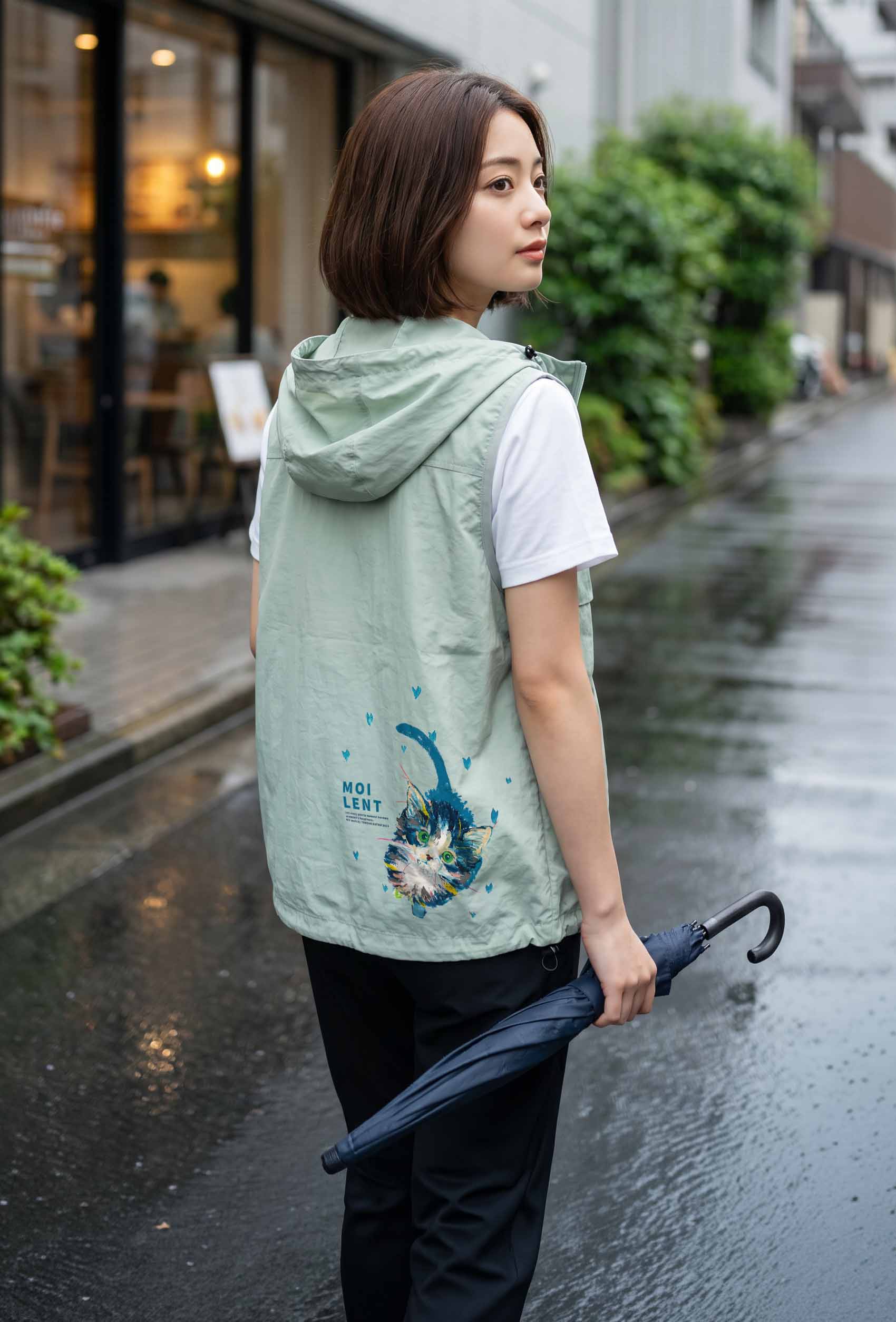 SHELL VEST 雨上がりの街・着用